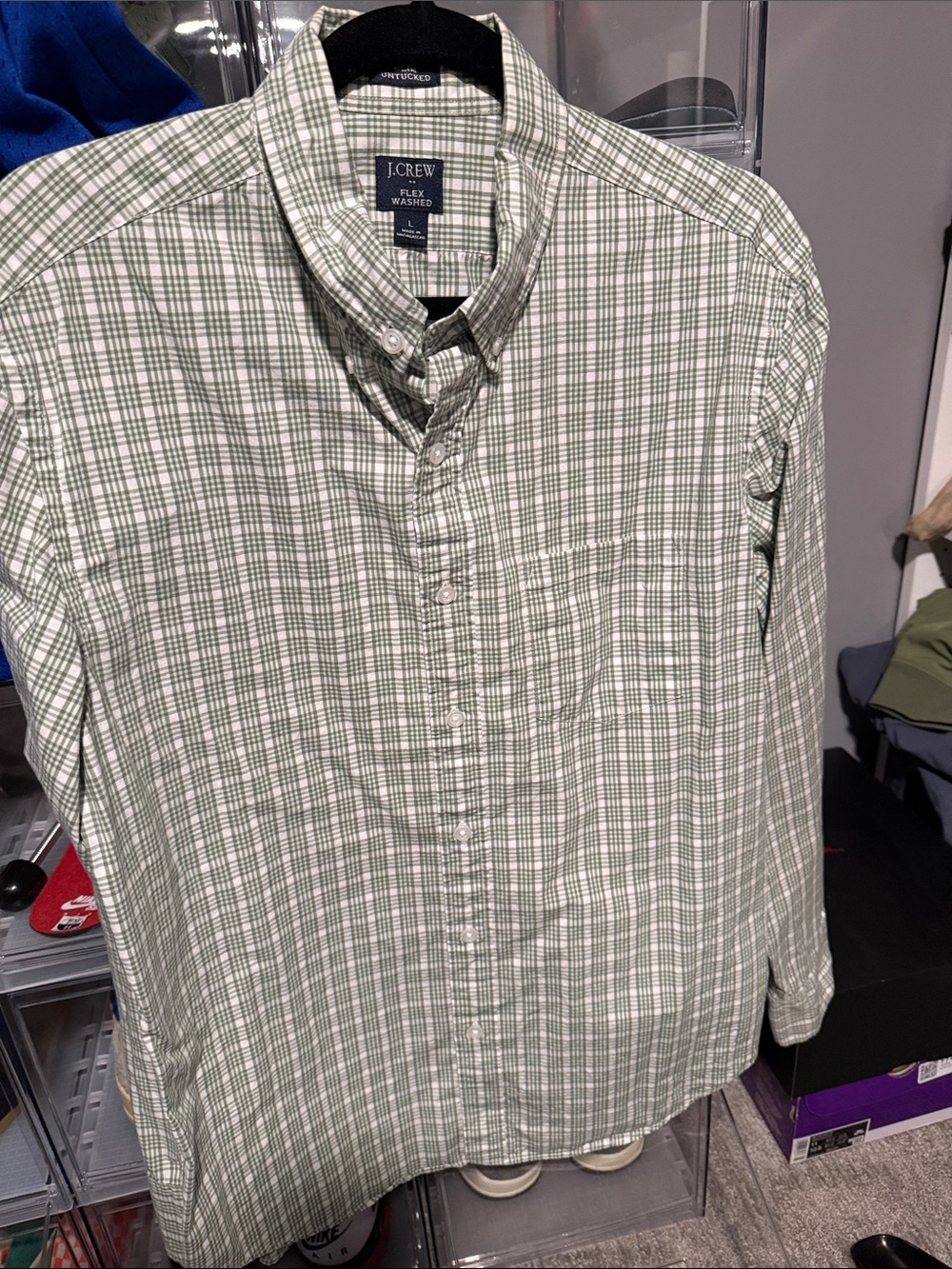 J. Crew Men's Light Green and White Plaid Button-Down Shirt
